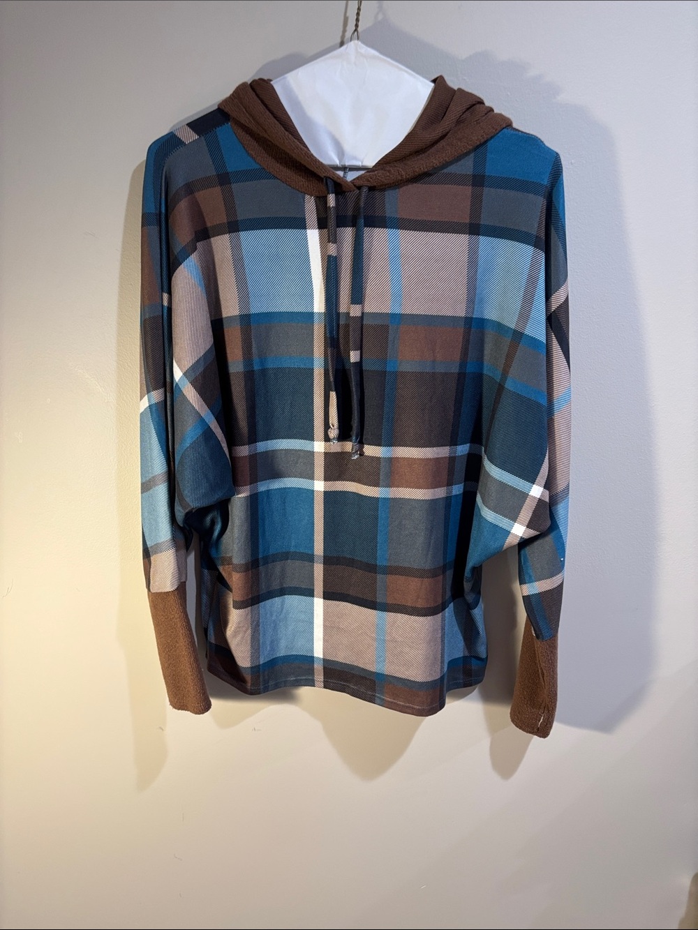 Bibi Women’s Blue and Brown Plaid Oversized super soft Hooded Shirt